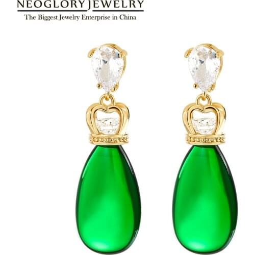 Neoglory Jewelry Green Cubic Zircon Long Dangle Earrings For Women Exquisite Golden Crown Drop Ear Accessory Gift New Hot Sale