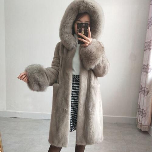 Womens real natural mink fur coat hooded with fox fur collar and cuff female fur jacket winter overcoat long outerwear