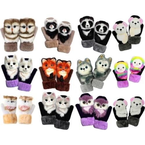 Women Men Winter Knitted Gloves Cute 3D Fluffy Cartoon Animal Decor Thickened Plush Lining Outdoor Windproof Thermal Warm Mitten