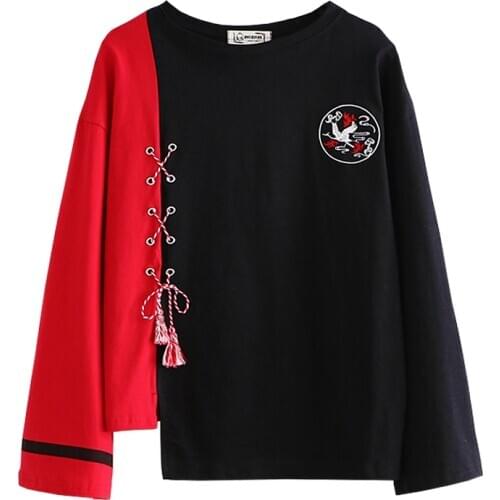 Women Sweatshirts Harakuju Chinese Style Crane Embroidery 2021 Summer New Fringed Lace Up Patchwork Pullover Tops 86-015