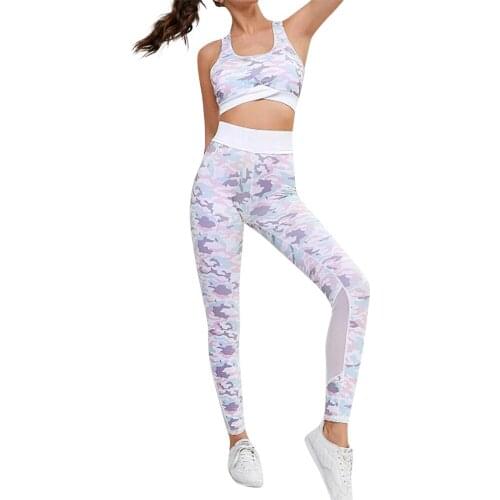Home&Nest Women Camouflage Seamless Set Fitness Sports Suits GYM Running Big O Neck Crop Blouse & High Waist Bottom Pants Sets