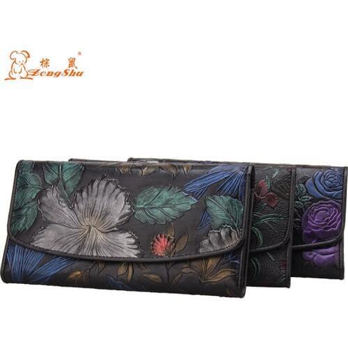 Embossing Flower Women Wallet Genuine Leather Female Purse Long Printing Floral Women Retro Leather Wallet Clutch Party Bag