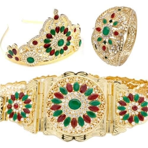 Sunspicems Gold Color African Algeria Morocco Women Bridal Wedding Jewelry Sets Full Crystal Robe Belt Crown Bangle Bijoux 2021