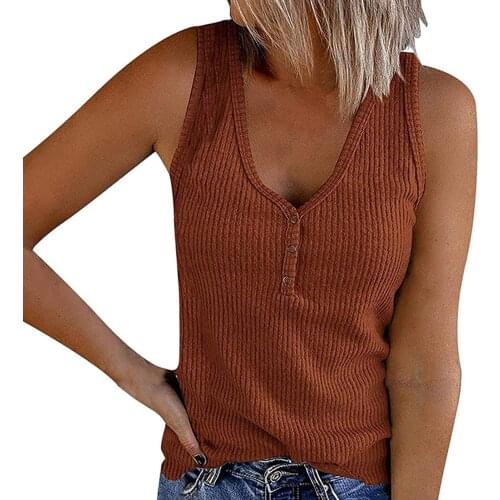 Women Spring And Summer Button Vest V-neck Comfortable Sleeveless Top Button Vest Solid Color V-neck Sleeveless T-Shirt