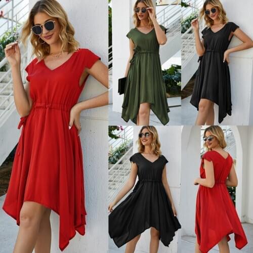 2020 Fashion Summer Bohemian Woman Elegant Dress V-Neck Sleeveless Drawstring Asymmetry Red Dresses Femme Robe Chic Et Classe