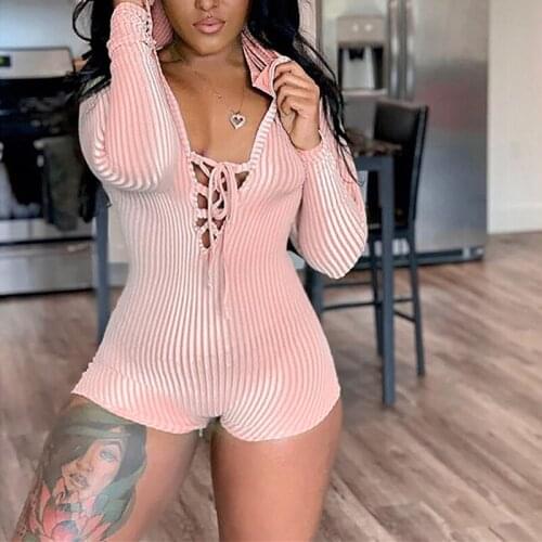 2020 Autumn New Women Sexy Bandage Knitted Bodysuit Playsuit Long Sleeve Deep V Neck Bodycon Lace Up Jumpsuit Casual Homewear