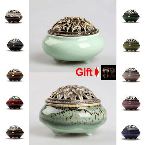1 Piece (12 styles and colors to choose)+Gift Celadon With Copper Cover Burning Cone/Coil Ceramic Incense Burner Censer