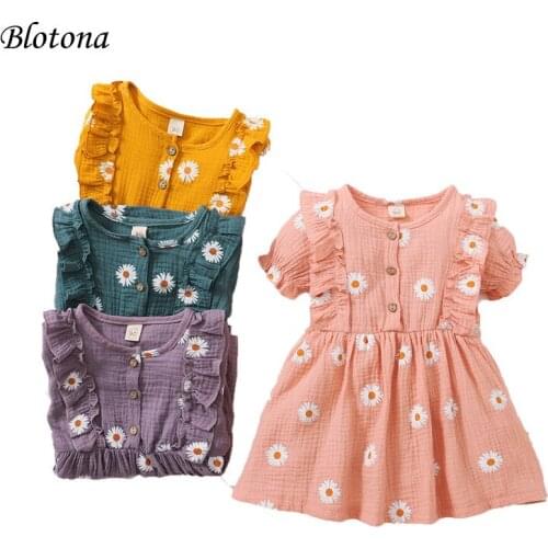 Blotona Little Baby Girls Casual Summer Princess Dress, Sweet Daisy Pattern Ruffled Short Sleeve O-Neck dress, 18Months-6Years
