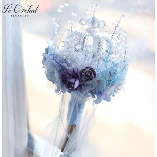 PEORCHID High End Bue Brooches Crystal Wedding Bouquet Bling Crown Pearl Bridal Bouquet Silk Artificial Bride Holding Flowers