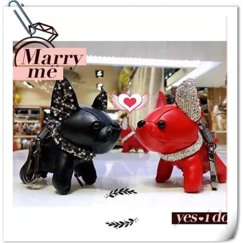 PU Leather Bulldog Keychains Rhinestone Cute Animal Dog Key Chain Charm Bag Car Key Ring 9релок Pendant Accessories Trinkets