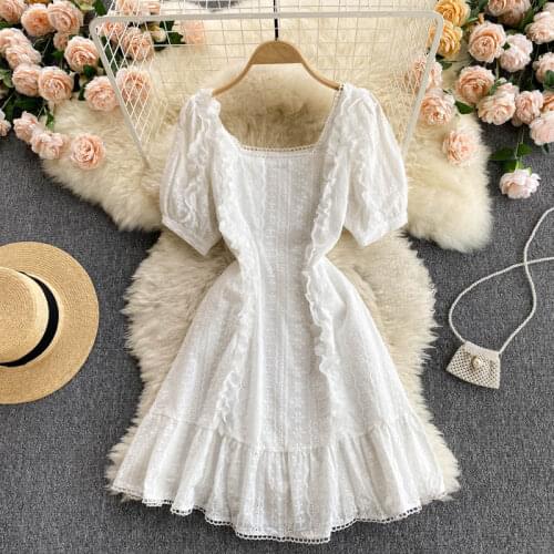 Jastie Boho 2021 Summer Sweet Square Collar Puff Sleeve Mini Dress Women Chic Ruffle Embroidered Dress Beach Female Vestidos