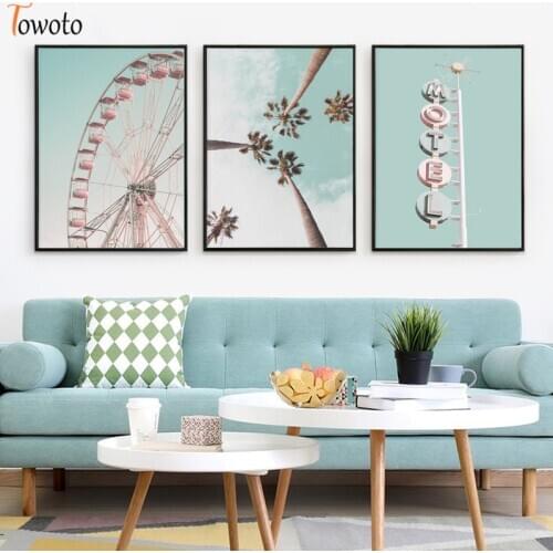 California Seascape Canvas Painting Ferris Wheel Print Tropical Palm Poster Pastel Color Wall Art Nordic Decoration Pictures