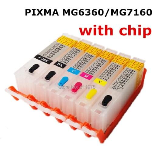 1 set For CANON PIXMA MG6360 MG7160 printer PGI-650BK CLI-651 refillable ink cartridges 6 color with permanent chips