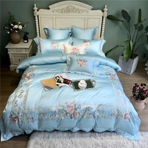 Luxury Embroidered 120S Egyeptian cotton Royal Bedding sets Queen King Wedding Duvet cover Bed sheet set Pillowcase 4/6pcs blue