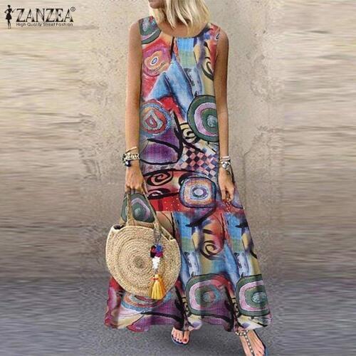 ZANZEA Summer Women Sleeveless Floral Printed Sundress Bohemian Dress Robe Vintage Kaftan Beach Vestido Femme Sarafans Plus Size