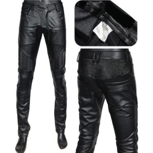 2020 mens clothing warm mens motorcycle leather pants tidal current male slim black faux leather trousers mens fashion black