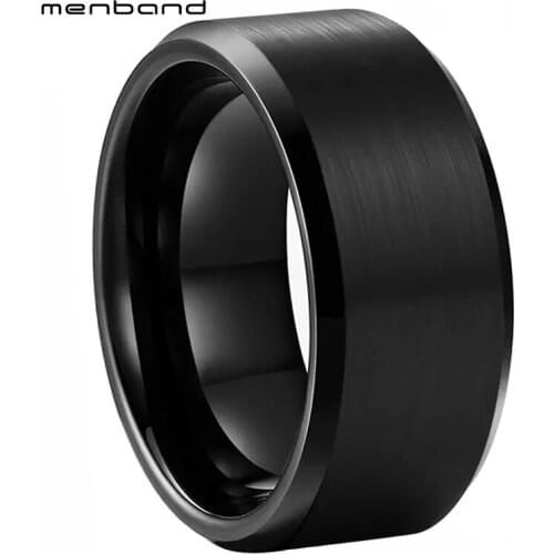 10MM Men Ring Black Tungsten Wedding Band With Beveled Brushed Finish Comfort Fit