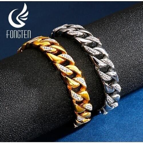 Fongten Vintage Cuban Link Chain Bracelet Men Stainless Steel Punk Bracelets Jewelry