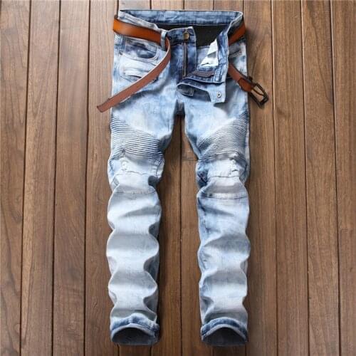 Newsosoo Ripped Hip-hop Jeans For Men Fashion Swag Biker Skinny Jeans Light Blue Motorcycle Denim Pants Snow Wash Mens Jeans