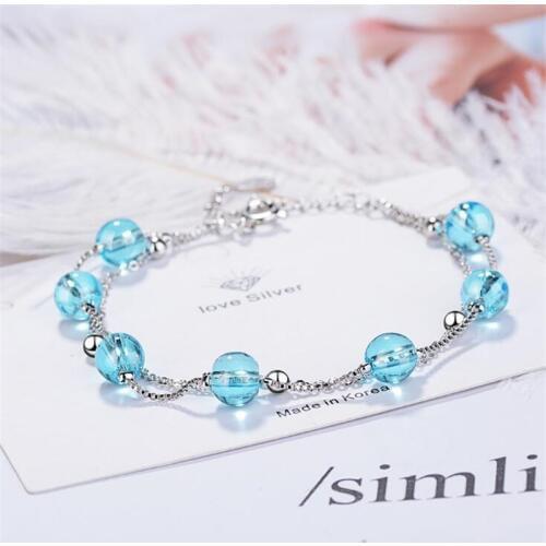 New Fashion Double Layer Blue Crystal 925 Sterling Silver Jewelry Personality Sweet Transfer Beads Bracelets SB166