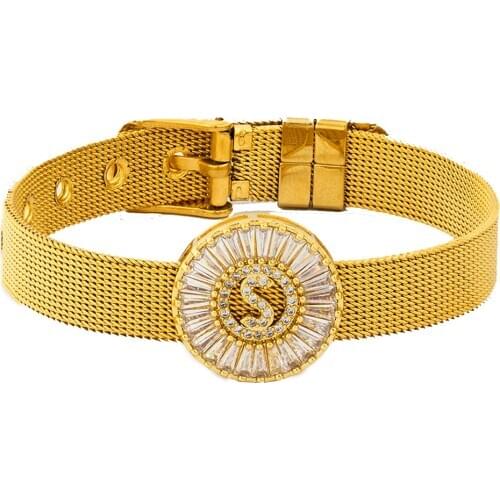 New Adjustable Stainless Steel Watch Belt Bracelet Bangle Copper CZ Initial 26 Letters Name Bracelets Jewelry For Women Gift