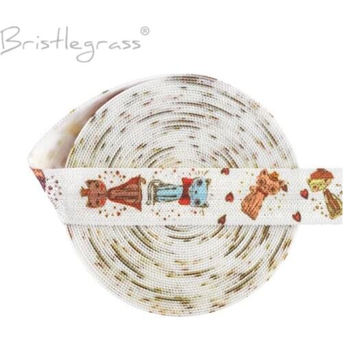 BRISTLEGRASS Wholesale 50 Yard 5/8" 15mm Cartoon Cat Print Fold Over Elastic FOE Spandex Band Hair Tie Headband Dress DIY Sewing