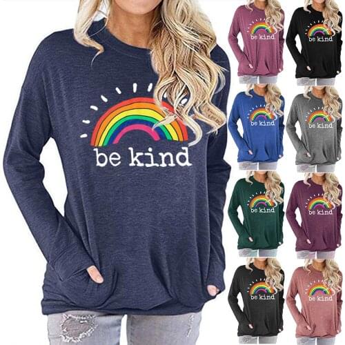 Autumn New Fashion Ladies Long Sleeve Rainbow Be Kind Printing T-Shirt Female Casual Loose Stripe Tshirt