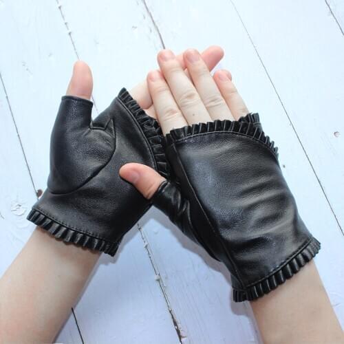 Bickmods 2020 New Fashion Women Genuine Leather Sheepskin Fingerless High Quality Outdoor Driving Black Gloves Spring and Autumn