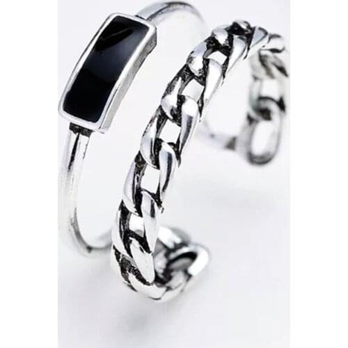 Silver Plated Geometric Design Double Chain Open Ring Fashion Trend Ring Korean Fashion Womens Ring Womens Jewelry