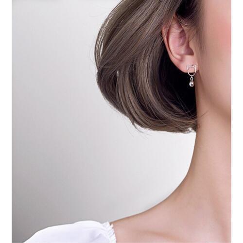 S925 sterling silver cat earrings cute bells short earrings temperament personality exquisite earrings Korean simple jewelry