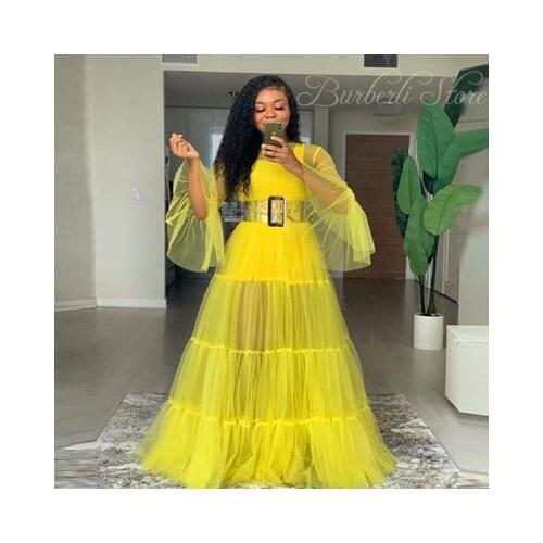 Sexy See Thru A-line Long Prom Gowns Dress With Yellow Puffy Full Sleeves Pleated Prom Gowns Party Dresses