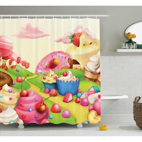 Modern Shower Curtain Yummy Donuts Sweet Land Cupcakes Ice Cream Cotton Candy Clouds Kids Nursery Bath Curtains For Bathroom