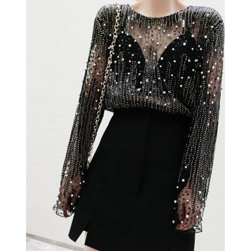 Spring Women Fashion T-shirt Casual Straight Sequins Beaded Sexy Hollow O-neck Long Sleeve Black T-shirt 9798