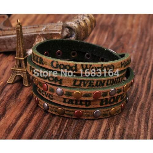 Freedom Cool Surfer Multi 5-Wraps Vintage Leather Bracelet Wristband Cuff Green Mens