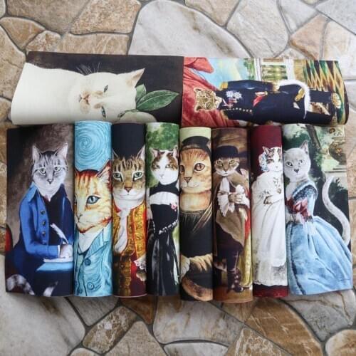 Vintage Gentleman Cat Handmade Craft Canvas Printed Fabric For Home Decoration DIY Patchwork For Sewing Bags Pillowcase 15X20cm