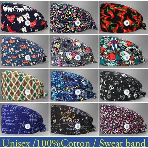 New high quality cotton Cartoon print hats adjustable Scrubs hat beauty salon working cap laboratory pet shop fashion scrub cap