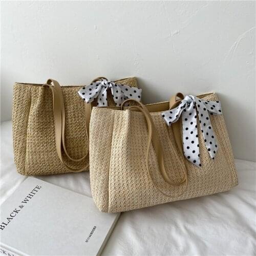 Womens Shoulder Bag High Capacity White New Summer Weave Beach Bow Tote Female Handbags Large Shopper Bags