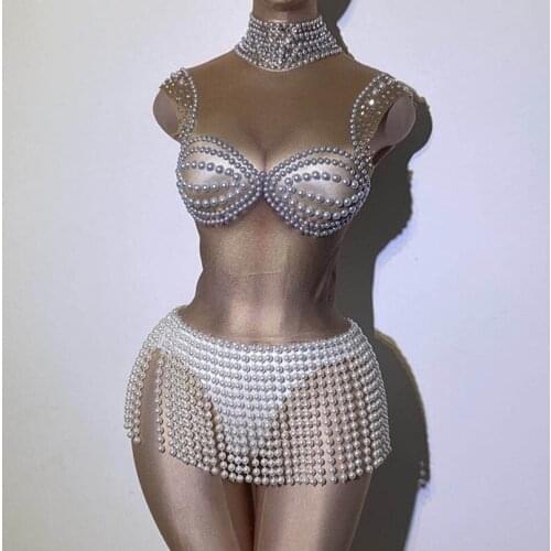 Sexy singer costume White Pearl Fringe Stones Spandex Bodysuit Women Nightclub Bar Prom Birthday Outfit