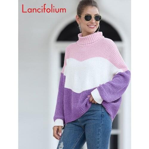 Turtleneck Oversized Knit Sweater Woman Korean Plus Size Purple Pink Autumn Winter Sweaters Vintage Pullover Jumper Knitted Top