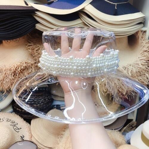01908-shi autumn PVC transparency PEARL RIBBON fashion show lady leisure bucket cap women fishermen hat