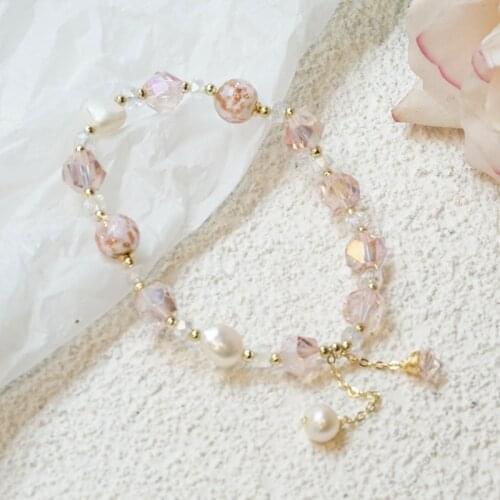 2021 New Natural Freshwater Pearls Pink Sparkling Sliced Crystal Ball Beaded Strand Bracelets for Women Fashion Jewelry YBR418