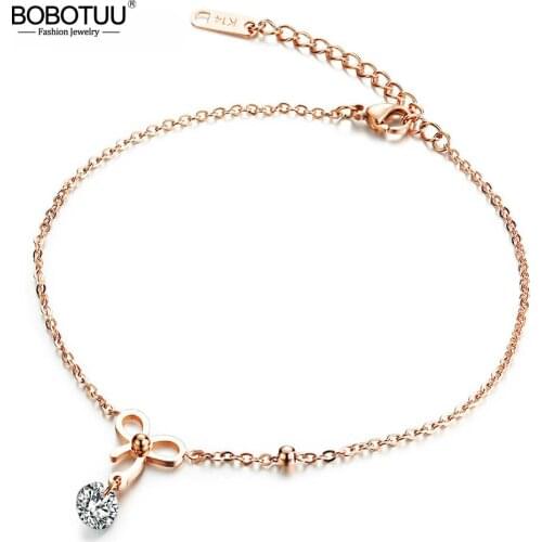 BOBOTUU New Design Trendy Bowknot Anklets Rose Gold Stainless Steel Women Ankle Jewelry With Cubic Zirconia Bracelet BA19036
