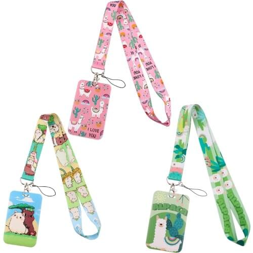 CB312 Cartoon Cute Animal Alpaca Name Card Holder Identity Badge with Lanyard Neck Strap Card Bus ID Holder With Key Chain