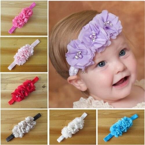 DHL 500pcs Ribbon Pearl Diamond Hairband Newborn Hair bands Sewing 3 Flowers Headband Kids Headwear for Girls