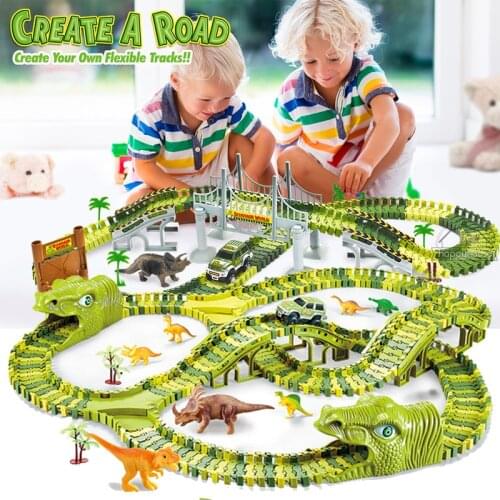 Dinosaur Railway Toy Car Racing Magic Track Toy Set Educational Bend Flexible Race Track Flash Light Car Toys For Children Boys