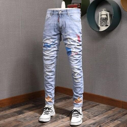 European American Street Fashion Men Jeans Retro Light Blue Printed Designer Jeans Men Night Club Style Hip Hop Denim Punk Pants