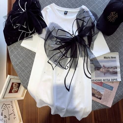 3D Bowtie Mesh Spliced T-shirts Loose Oversized Casual Mid-length Beading Tees Short-sleeved O-Neck Tassels Crop Tops Summer