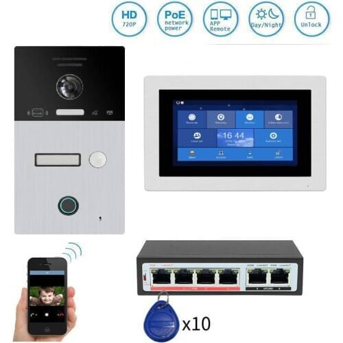 POE 720P AHD WIFI IP 7 inch Touch Screen Video Intercom Door Phone System Remote Monitor Unlock RFID Fingerprint Doorbell Camera
