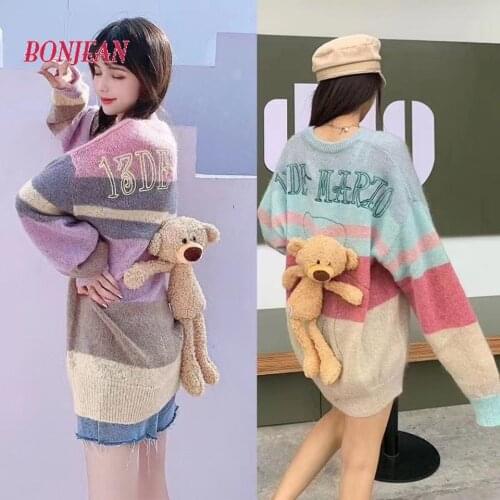 Harajuku Kawaii Knitted Women Sweater Cartoon Bear Lovely Student Sweater Coat Loose Retro Hit Color Pullover Sweater 2020