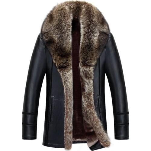 Russian Winter Raccoon Dog Fur Collar Leather Jacket Men New Thicken Windbreaker Coat Fashion Flocking Faux Leather Jacket Male